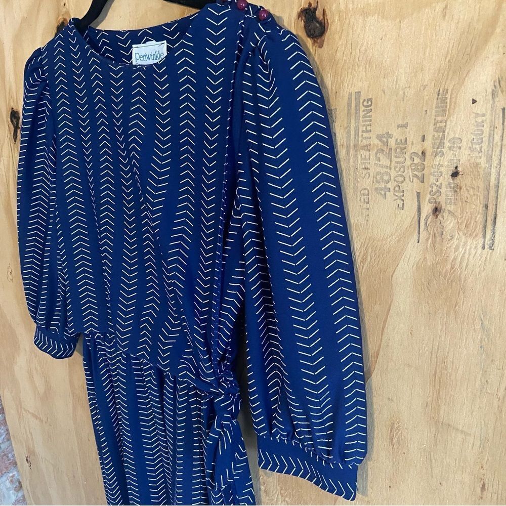 Vintage Periwinkle 80s Geometric Arrow Print Blue Puff Sleeve Dress Sz 10 - Picture 6 of 11